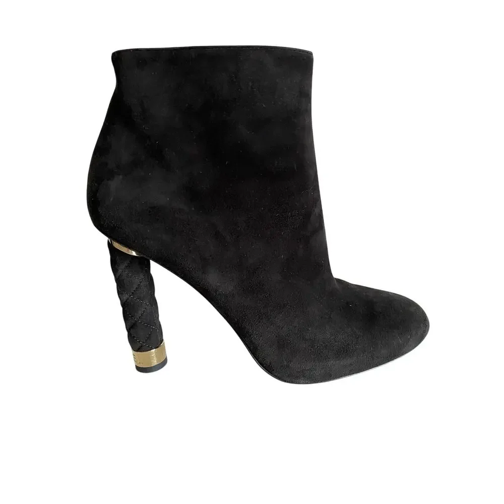 Chanel Black Suede‎ Ankle Boots Quilted Heel CC Gold Cap 39